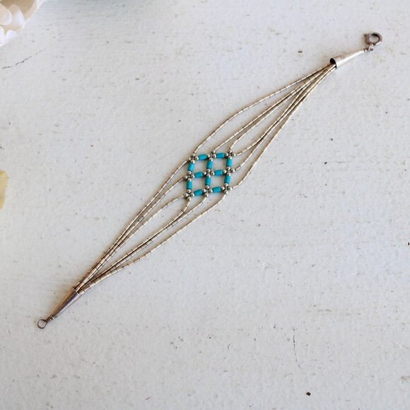 Vintage 1980s 1990s Bracelet, Turquoise Bead and Sterling Silver Native American - Picture 7 of 8